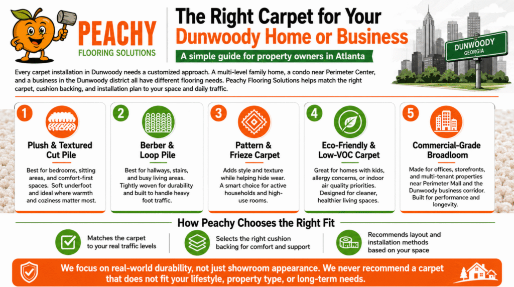 Infographic guide by Peachy Flooring Solutions outlining carpet types and selection tips for a Dunwoody, GA carpet installation.