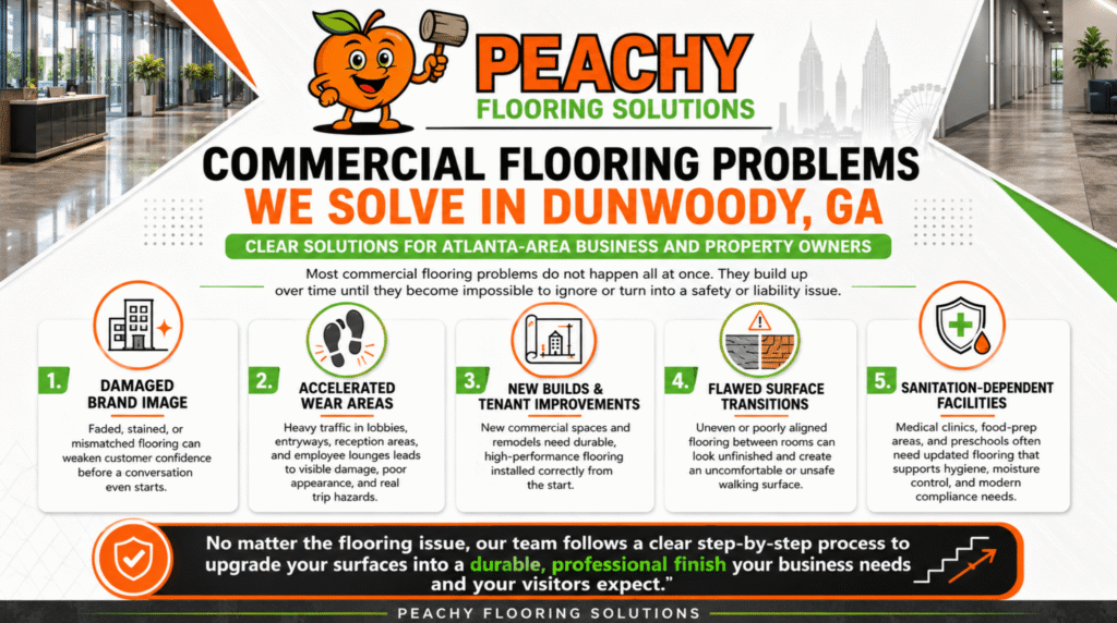 Infographic from Peachy Flooring Solutions highlighting five business problems solved by professional Dunwoody, GA Commercial Flooring Installation, including brand damage, wear, and safety hazards.