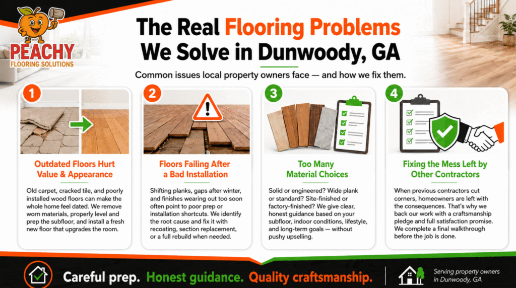 Graphic by Peachy Flooring Solutions detailing Dunwoody, GA Hardwood Floor Installation services and fixes for common flooring problems like poor installation, outdated floors, and bad contractor work