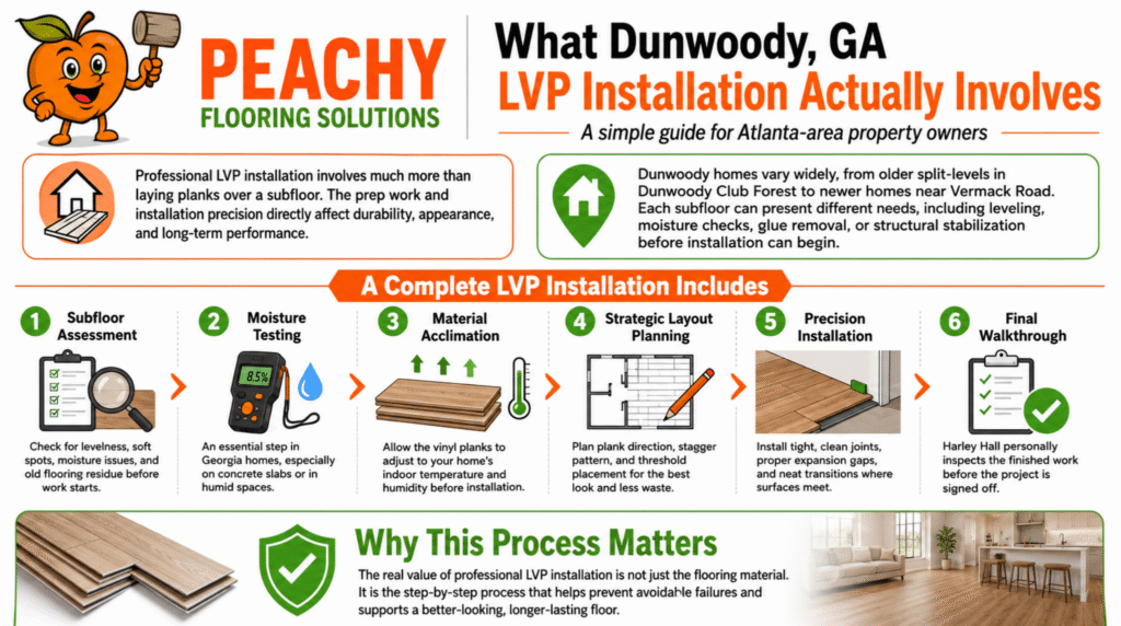 Infographic from Peachy Flooring Solutions detailing the step-by-step process of a professional Dunwoody, GA LVP installation.