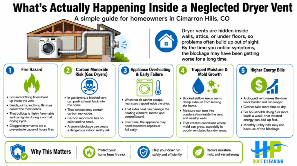 Infographic showing the hidden dangers of a clogged lint line, outlining the five main reasons why you need professional dryer vent cleaning in Cimarron Hills, CO.