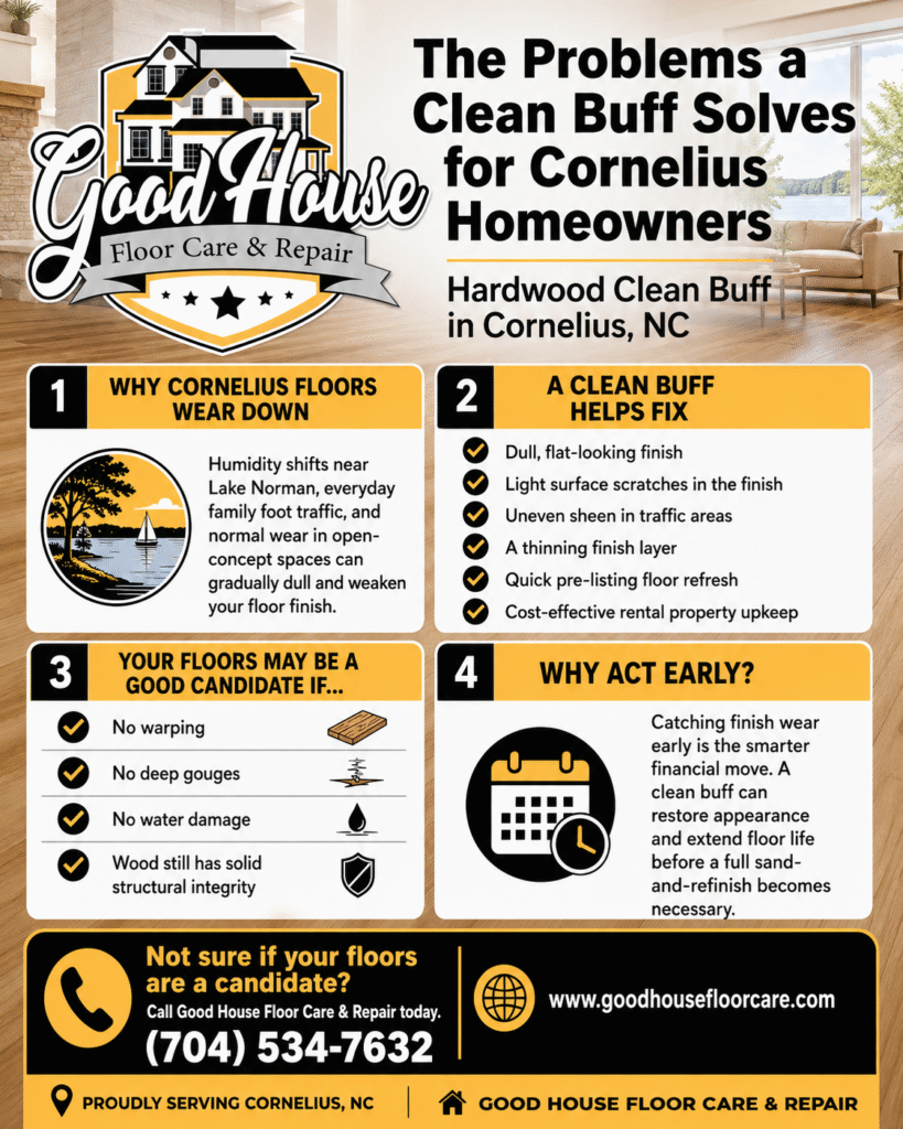 Infographic detailing benefits of a Hardwood Clean Buff Cornelius NC service by Good House Floor Care.