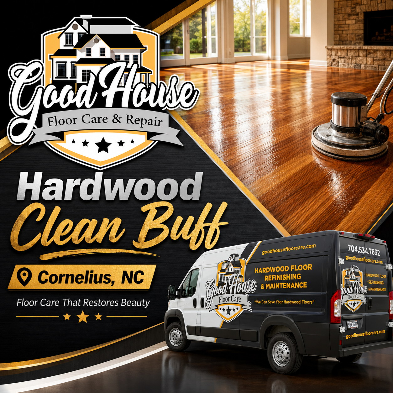 Shiny wood floors and company van showcasing Hardwood Clean Buff Cornelius NC by Good House Floor Care.