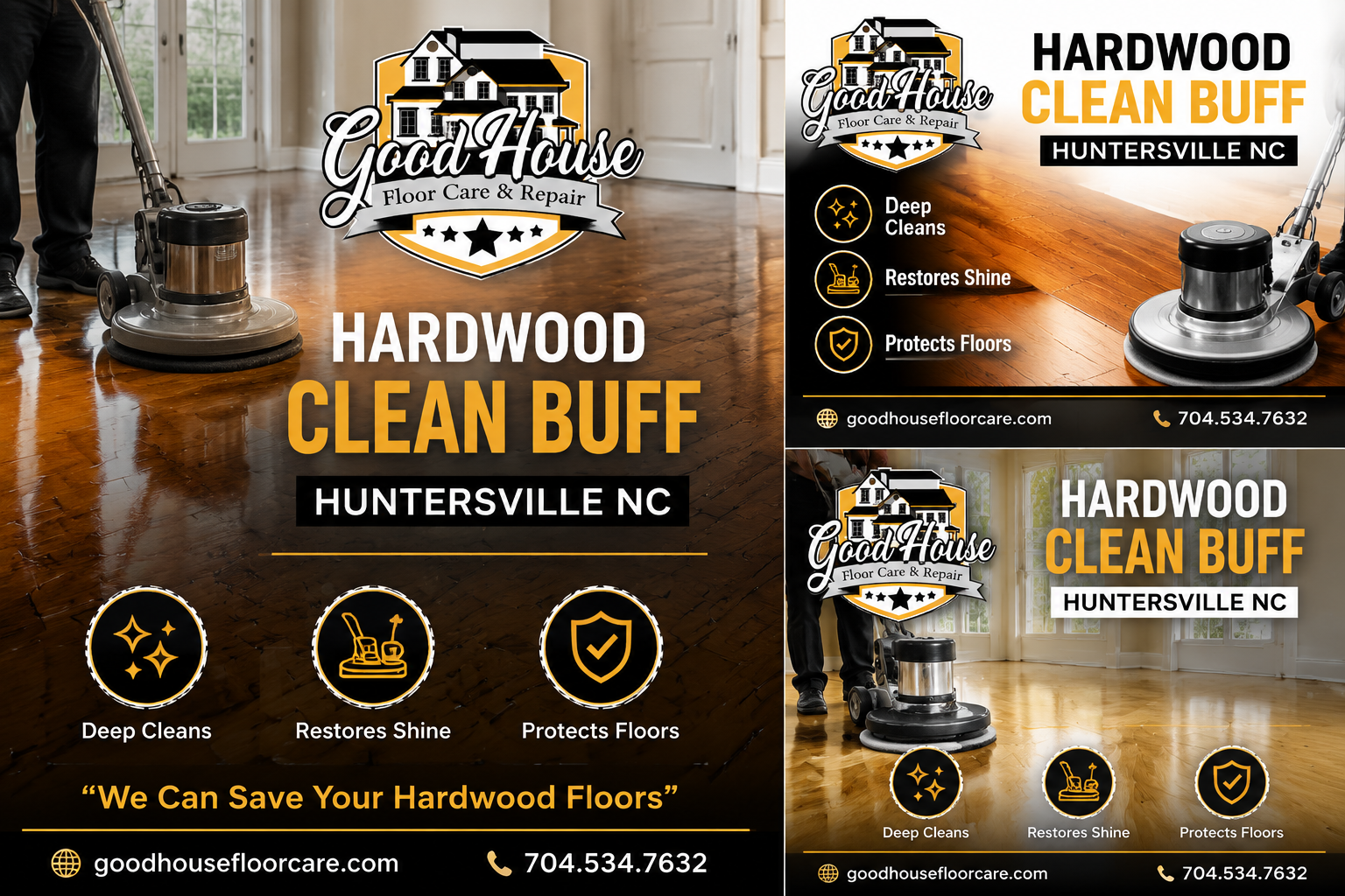 Good House Floor Care machine restoring shiny wood floor surfaces for professional Hardwood Clean Buff Huntersville NC care.