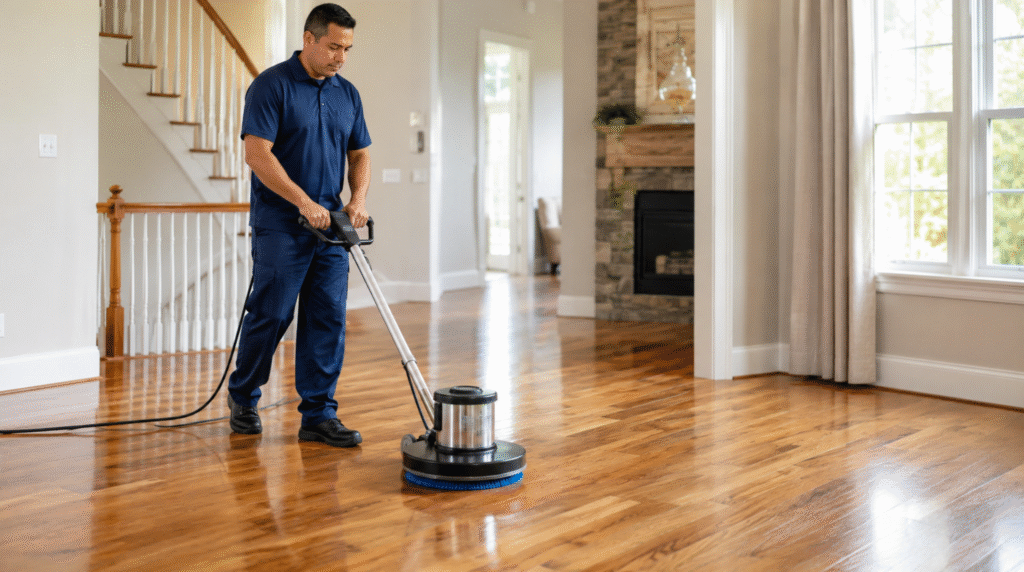 Hardwood floor cleaning Lake Ridge VA technician operating a rotary floor machine in a spacious entryway.