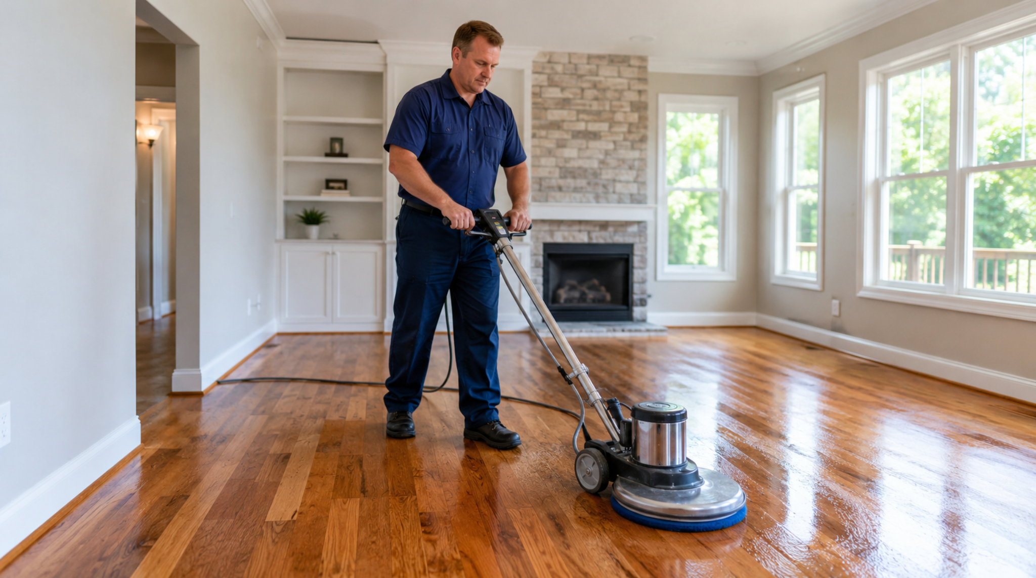Professional deep hardwood floor cleaning Lake Ridge VA service using a mechanical rotary floor scrubber in a modern living room.