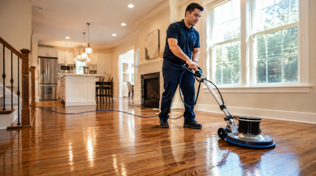 Professional technician performing hardwood floor cleaning Springfield VA using a rotary floor buffer in a modern open-concept home.