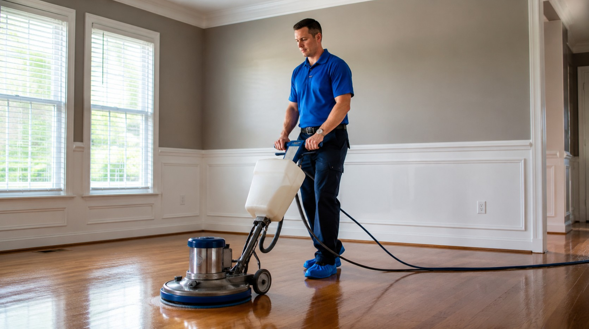 Technician in protective shoe booties executing expert hardwood floor cleaning Springfield VA with a professional floor machine.