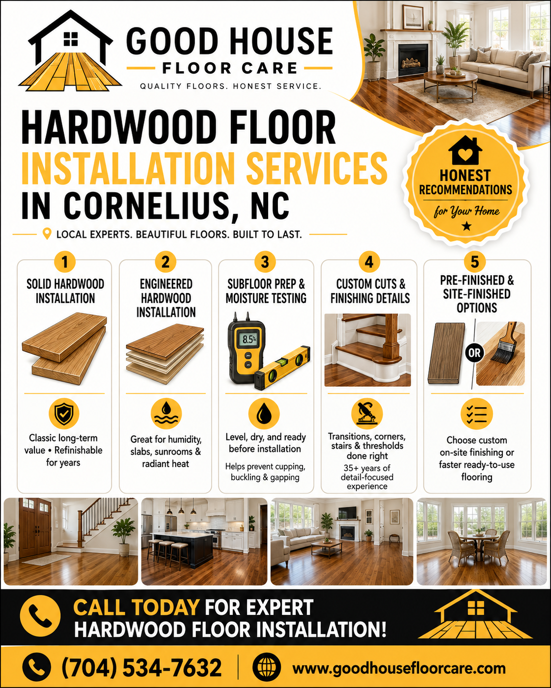 Hardwood Floor Installation Cornelius NC process breakdown graphic created by Good House Floor Care with 5 service steps.