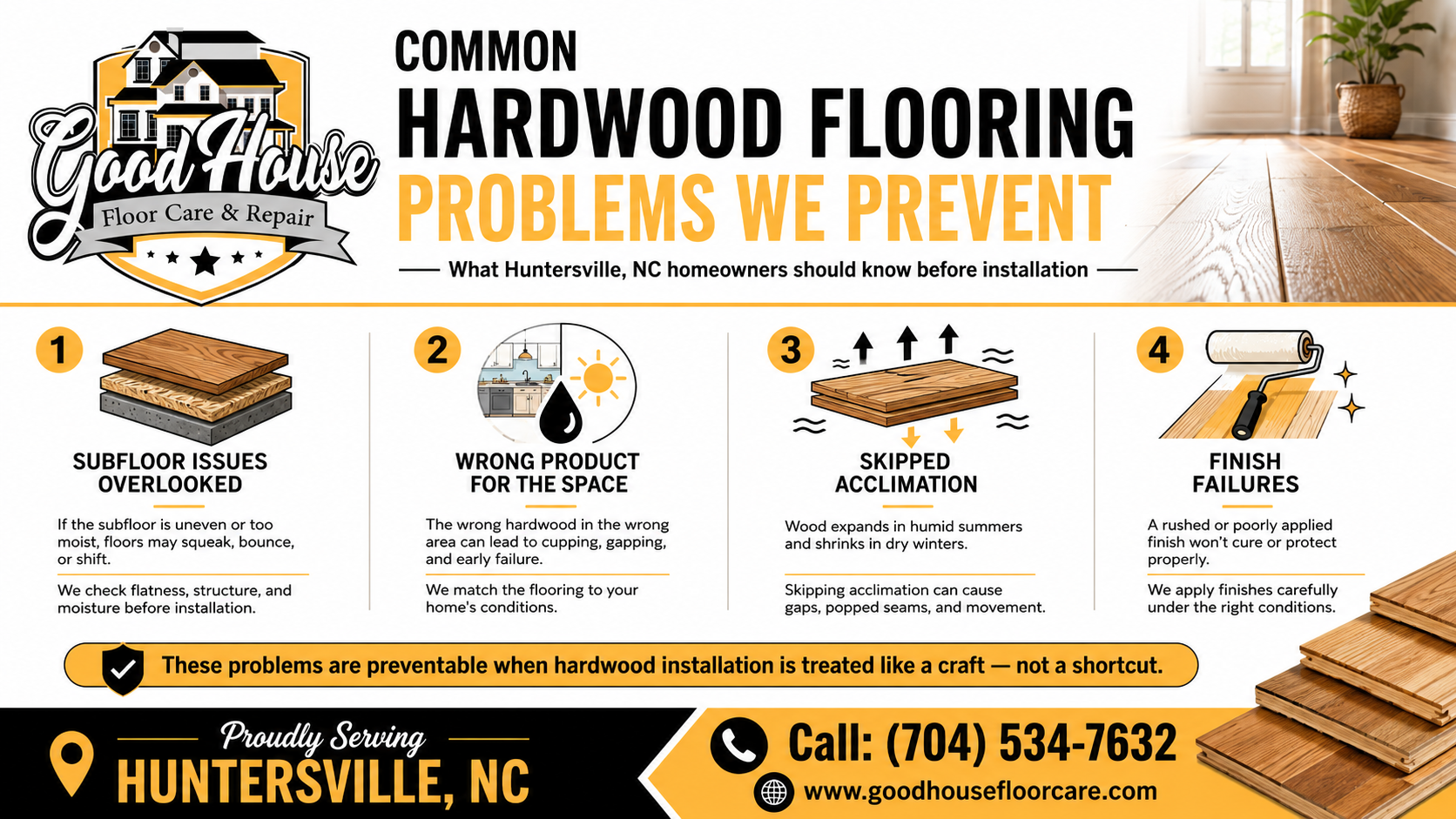 Infographic on common flooring problems prevented by Good House Floor Care during Hardwood Floor Installation Huntersville NC.
