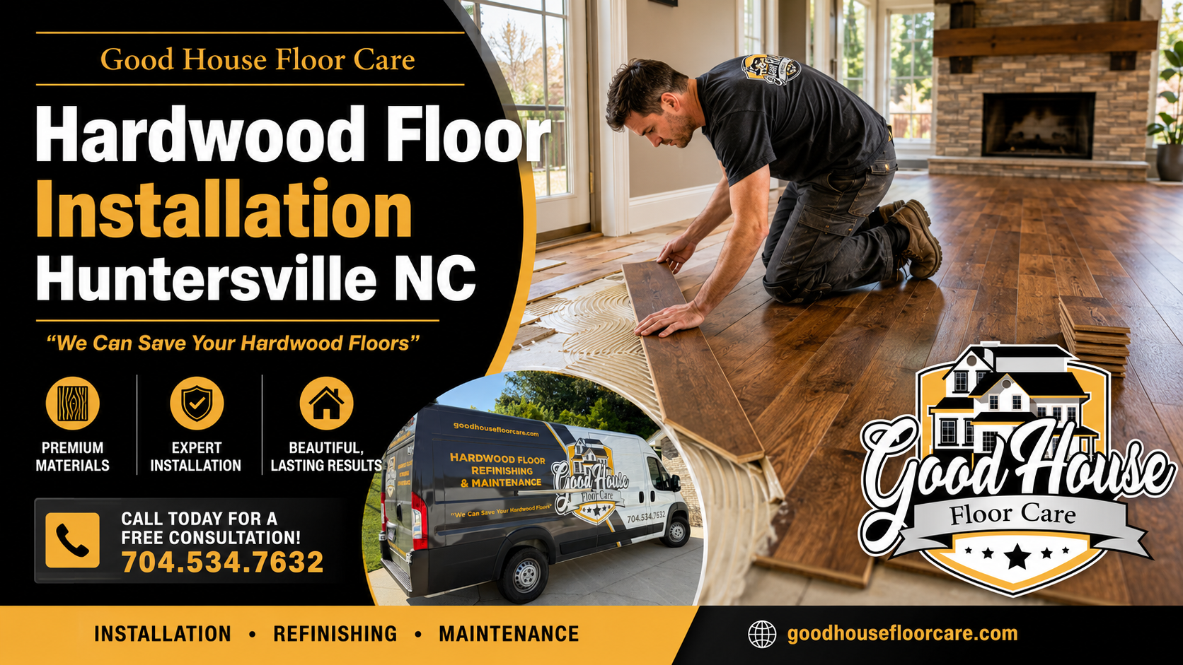 Good House Floor Care worker installing wood planks for a professional Hardwood Floor Installation Huntersville NC project.