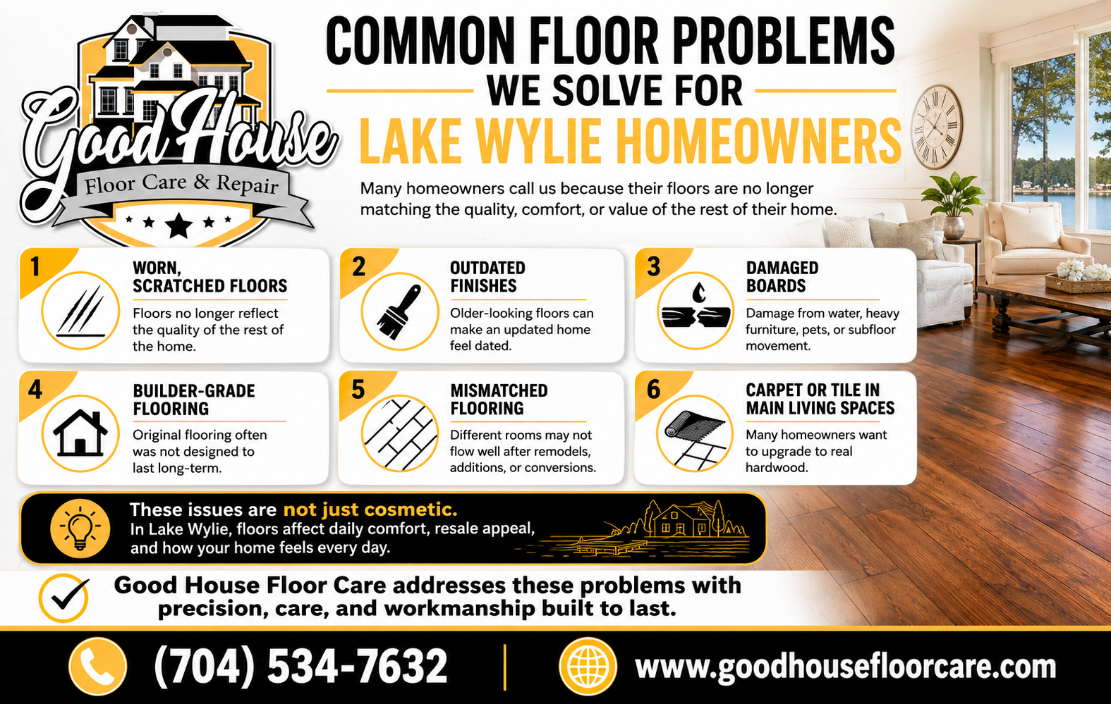 Common floor problems infographic by Good House Floor Care for hardwood floor installation Lake Wylie NC home restoration.