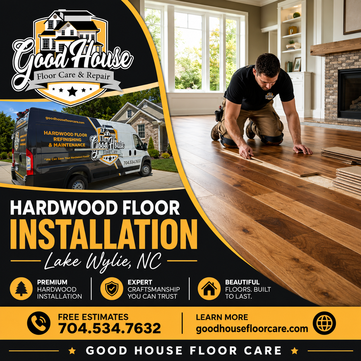 Hardwood floor installation Lake Wylie NC by Good House Floor Care showing professional worker laying wood plank flooring.