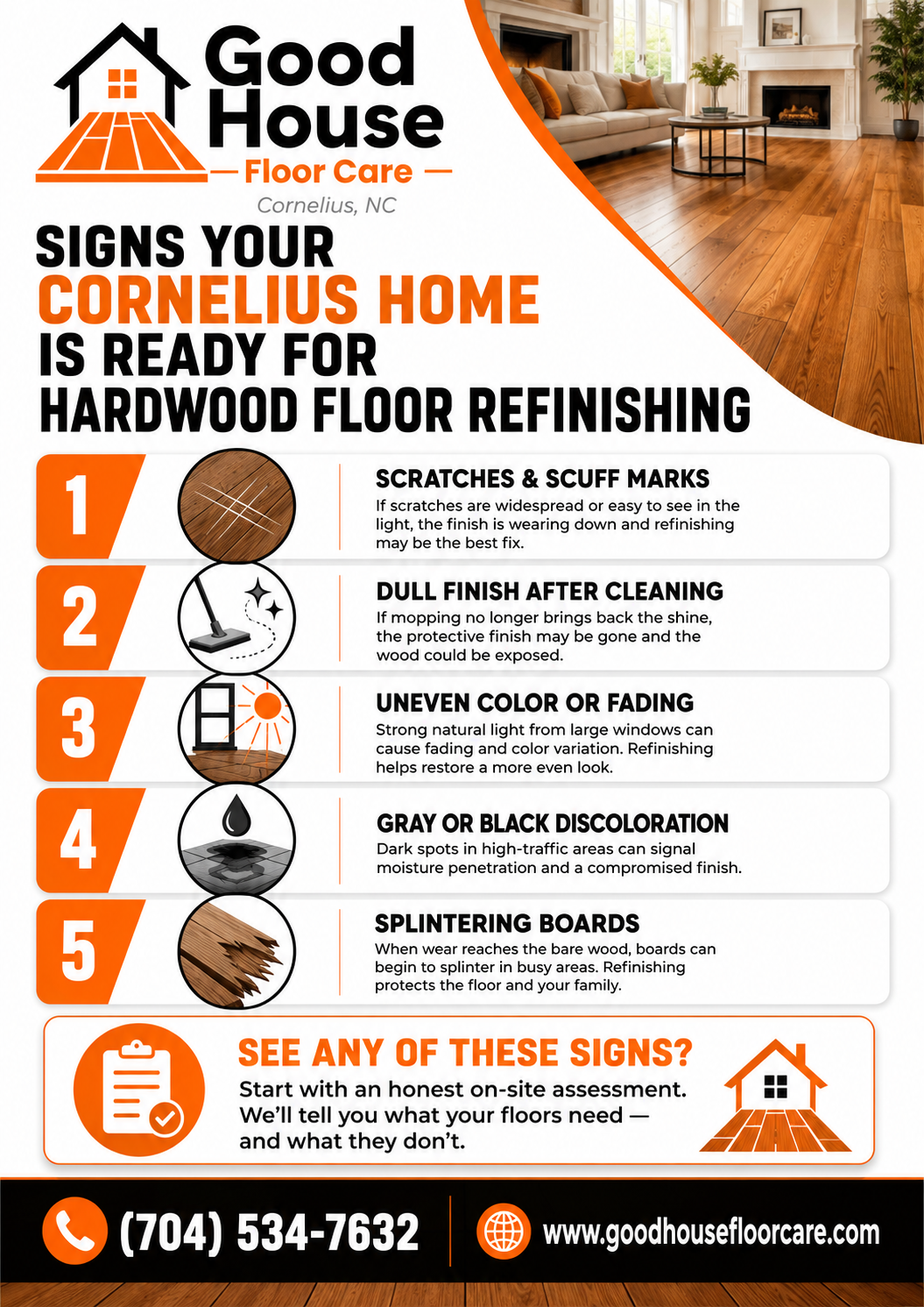 Infographic listing signs a home needs Hardwood Floor Refinishing Cornelius NC by Good House Floor Care.