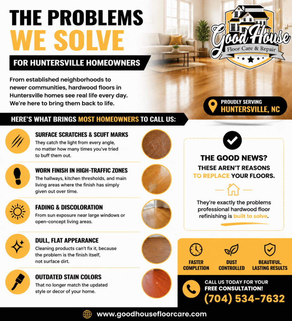 Hardwood Floor Refinishing Huntersville NC guide by Good House Floor Care to fix scratched, worn, and dull floors.