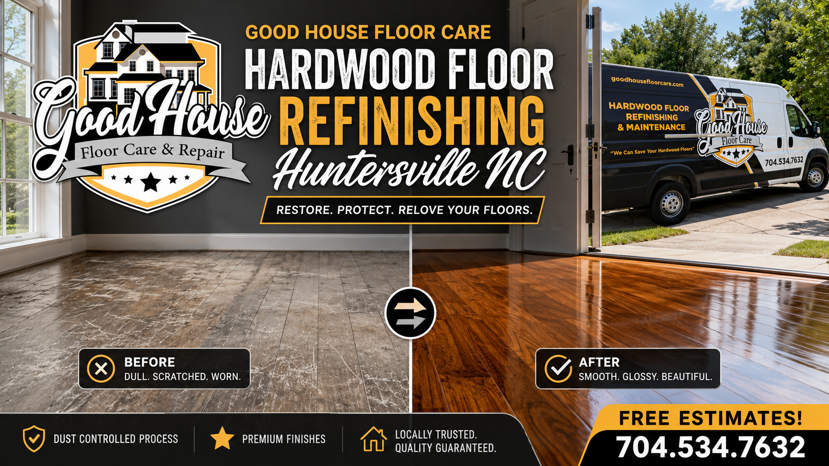 Before and after of Hardwood Floor Refinishing Huntersville NC by Good House Floor Care, restoring a dull floor to glossy.