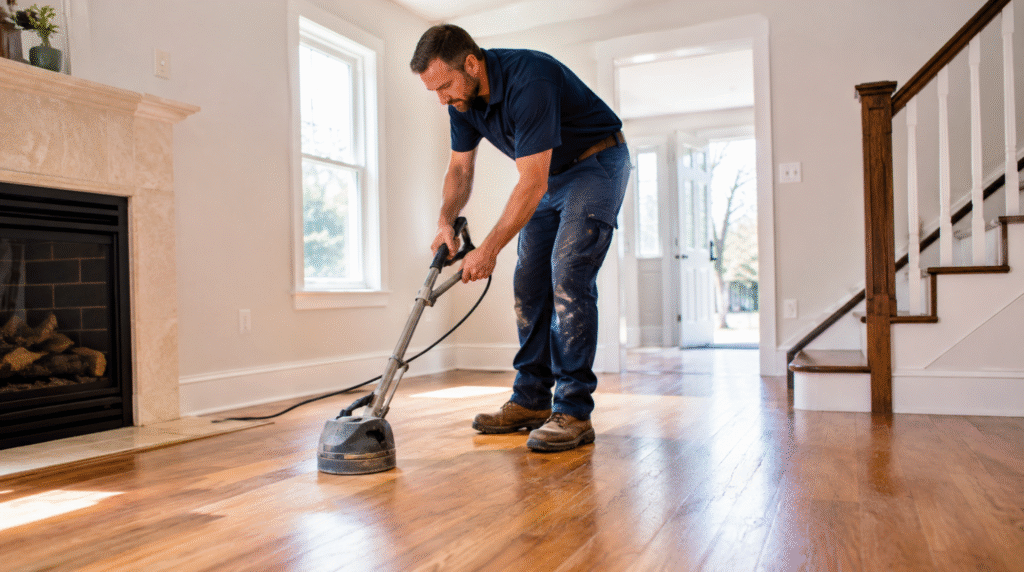 Flooring specialist operating a buffer machine for hardwood floor repair Springfield VA in a living room.