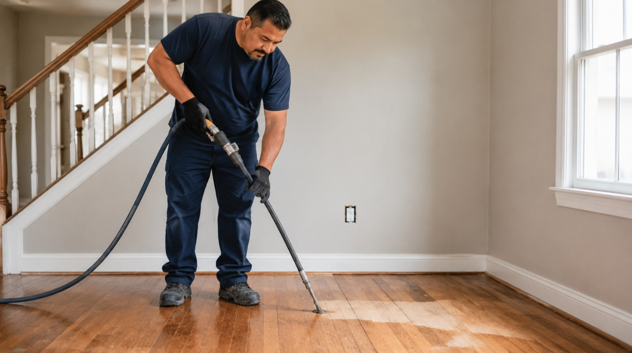Professional technician performing hardwood floor repair Springfield VA using a specialized deep-cleaning and repair tool.