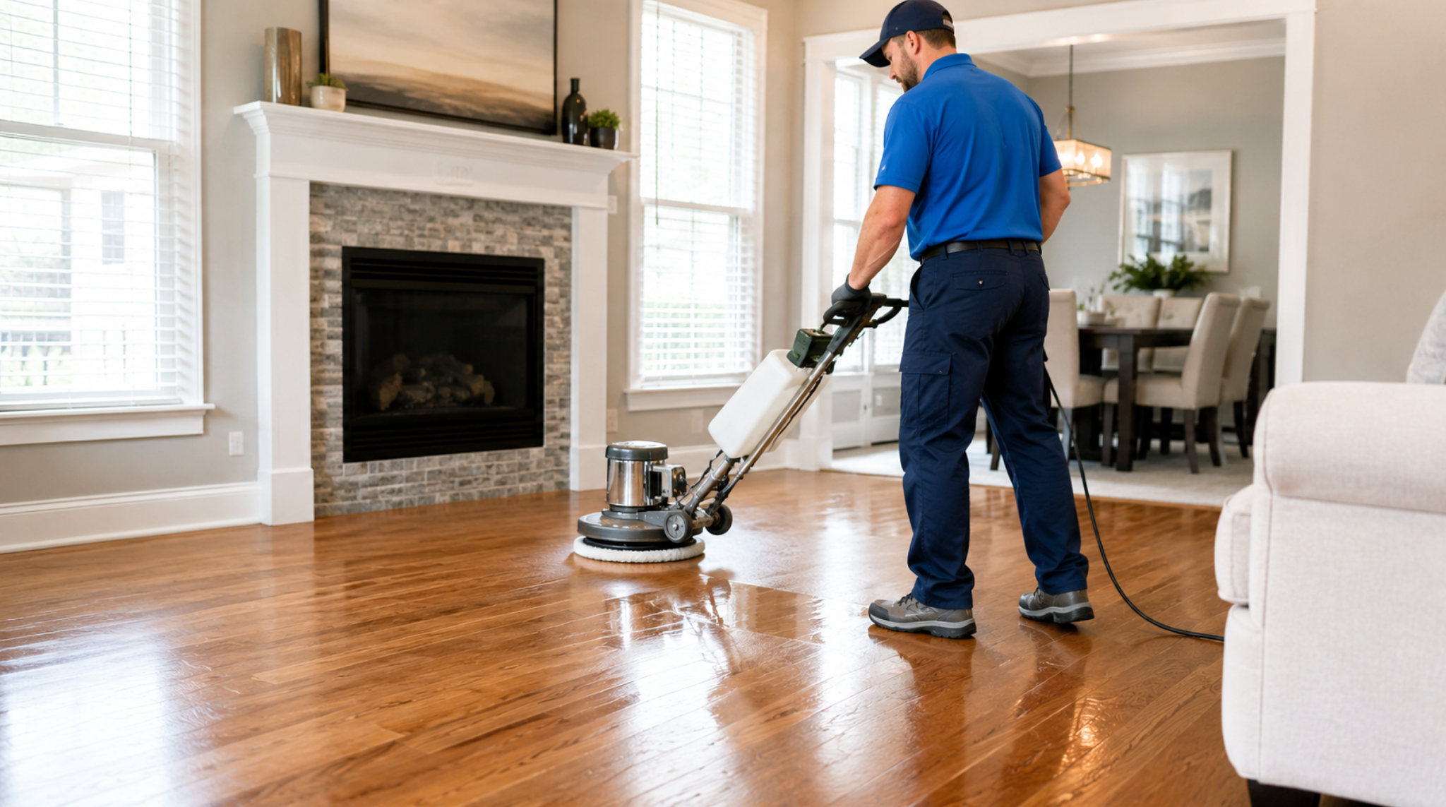 Specialist performing a Hardwood Floor Screen & Re-Coat Lake Ridge VA to restore wood shine.