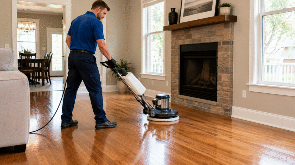 Professional technician buffing living room wood floors for a Hardwood Floor Screen & Re-Coat Lake Ridge VA service.