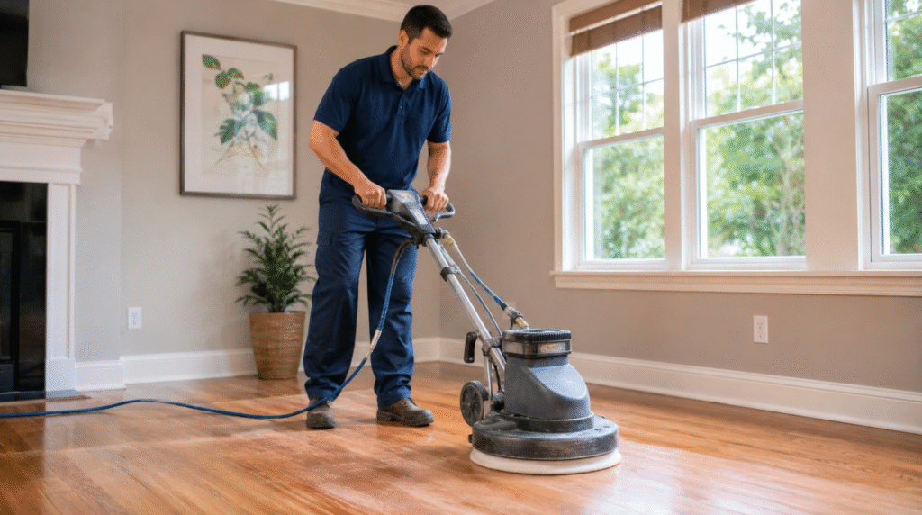 Professional technician performing a hardwood floor screen & re-coat Springfield VA using a floor buffer.