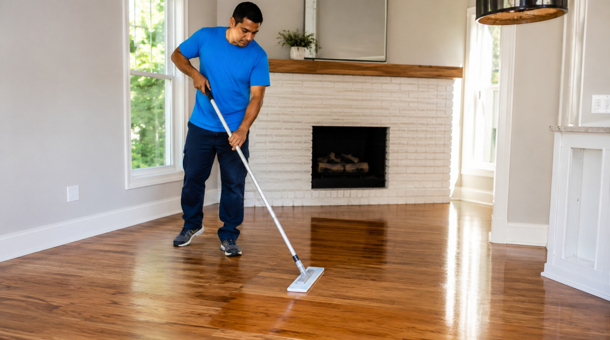 A service technician applying the top finish layer during a hardwood floor screen & re-coat Springfield VA.