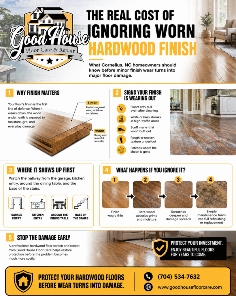 Infographic guide on wood floor finish wear and protection. Hardwood Floor Screen and Recoat Cornelius NC Good House Floor Care