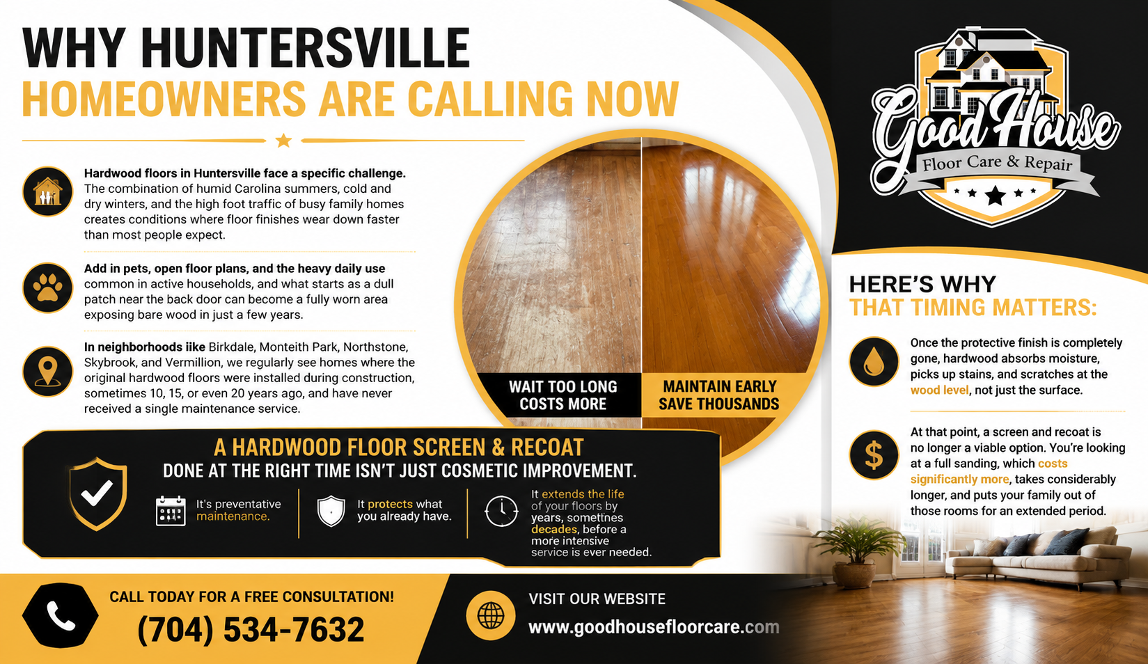Hardwood Floor Screen and Recoat Huntersville NC infographic by Good House Floor Care showing floor maintenance benefits.