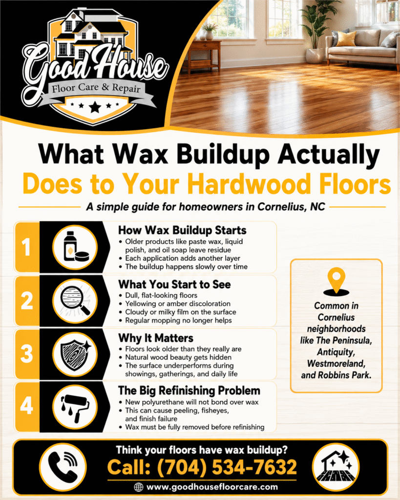Infographic on wax buildup effects by Good House Floor Care for Hardwood Floor Wax Removal Cornelius NC services.