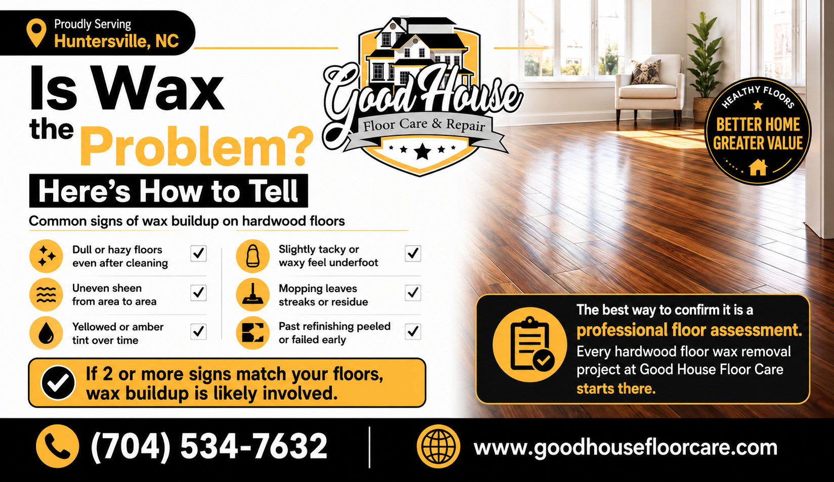 Infographic on wax buildup signs for hardwood floor wax removal Huntersville NC services by Good House Floor Care.