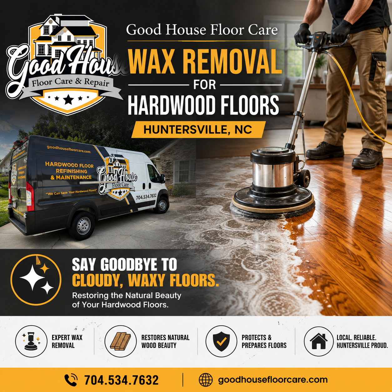 Hardwood floor wax removal Huntersville NC by Good House Floor Care using specialized machinery on glossy wood floors.