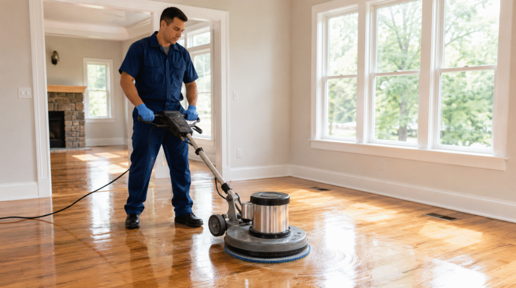 Professional technician providing hardwood floor wax removal Lake Ridge VA service using a rotary floor machine in a spacious room.