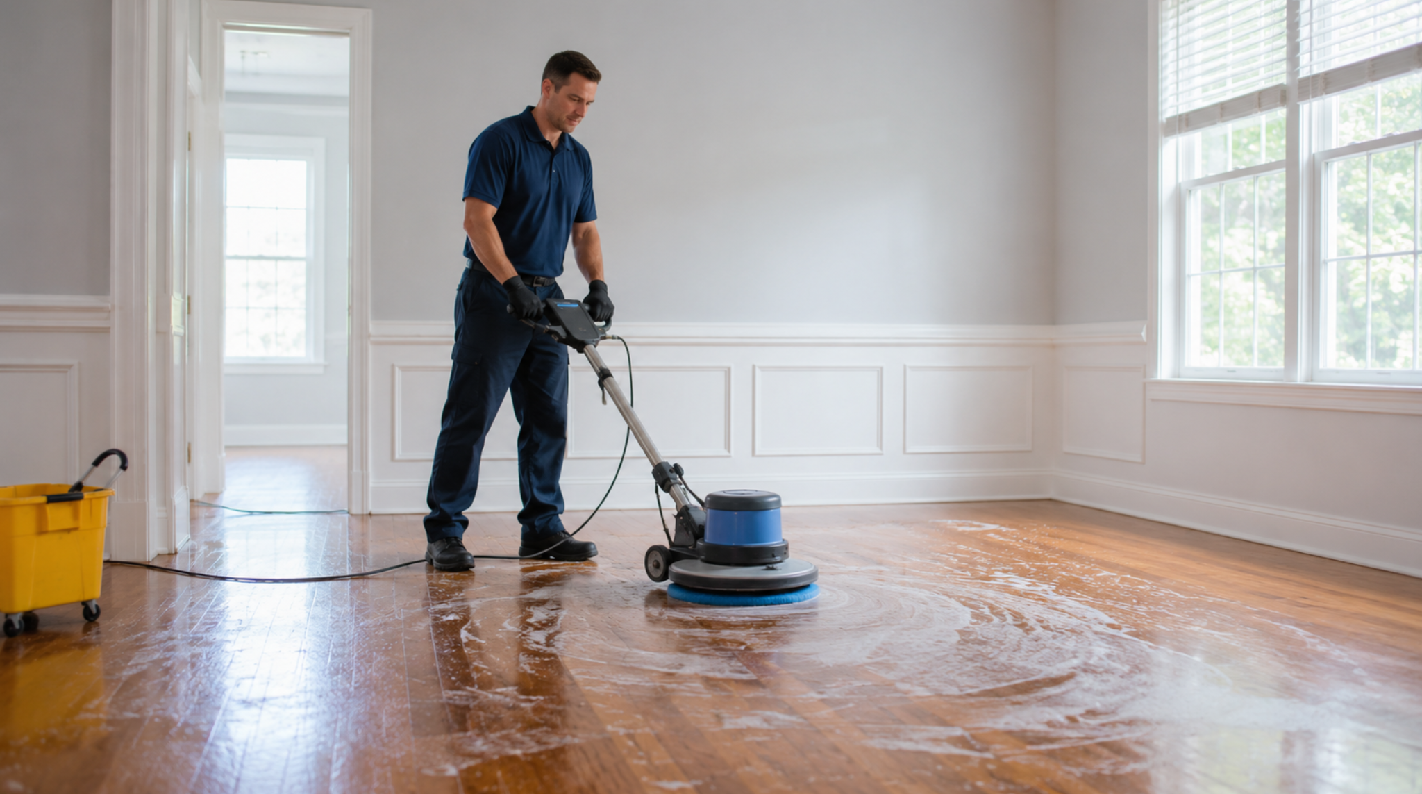 Specialist performing deep hardwood floor wax removal Lake Ridge VA with a commercial floor buffer and cleaning solution.