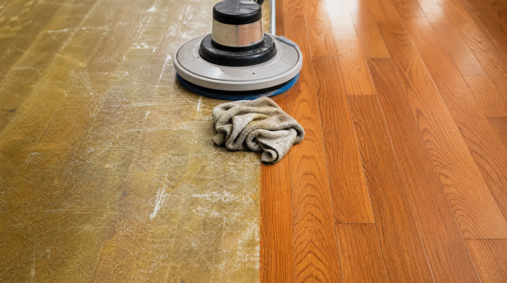 Professional hardwood floor wax removal Springfield VA showing a contrast between old wax buildup and clean oak wood grain.