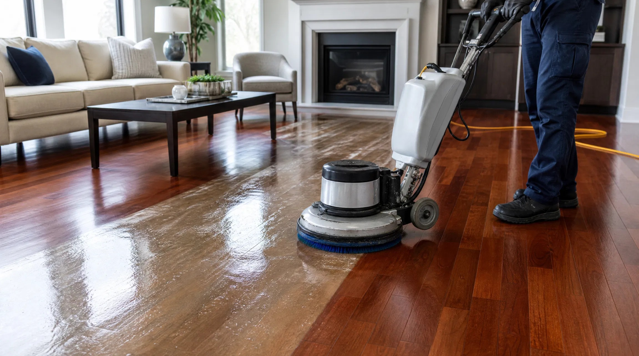 Professional technician performing hardwood floor wax removal Springfield VA using specialized floor scrubbing equipment.