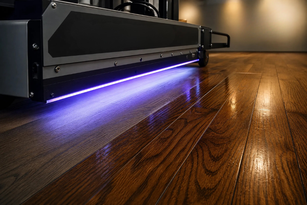 Close-up of a sleek UV lamp providing Instant UV Curing Tacoma WA to durable hardwood floor planks.