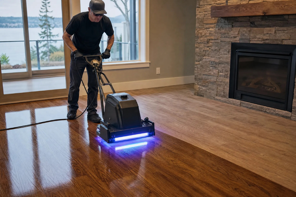 Professional technician using specialized equipment for Instant UV Curing Tacoma WA on a modern oak hardwood floor.