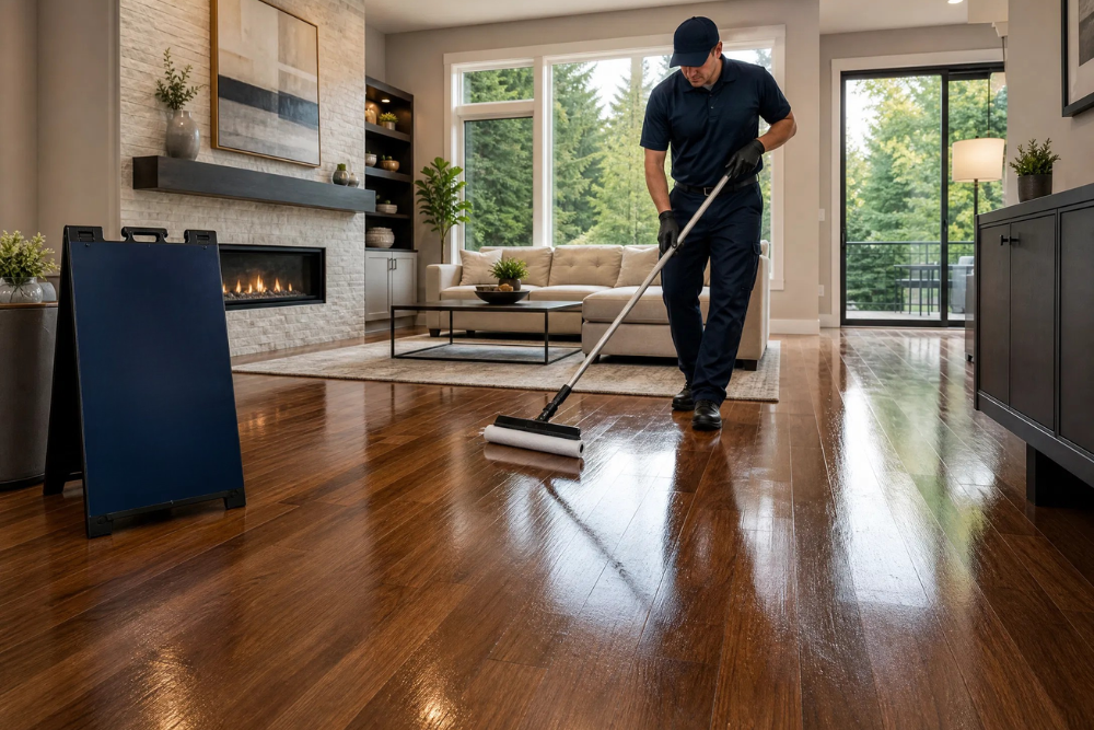 Professional technician applying sealant for LVT Deep Clean & Protect Lynnwood WA in a modern residential living room.