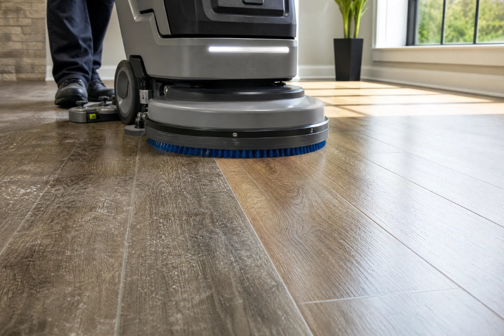 Professional floor scrubber performing LVT Deep Clean & Protect Lynnwood WA on wood-look vinyl flooring, showing before and after results.
