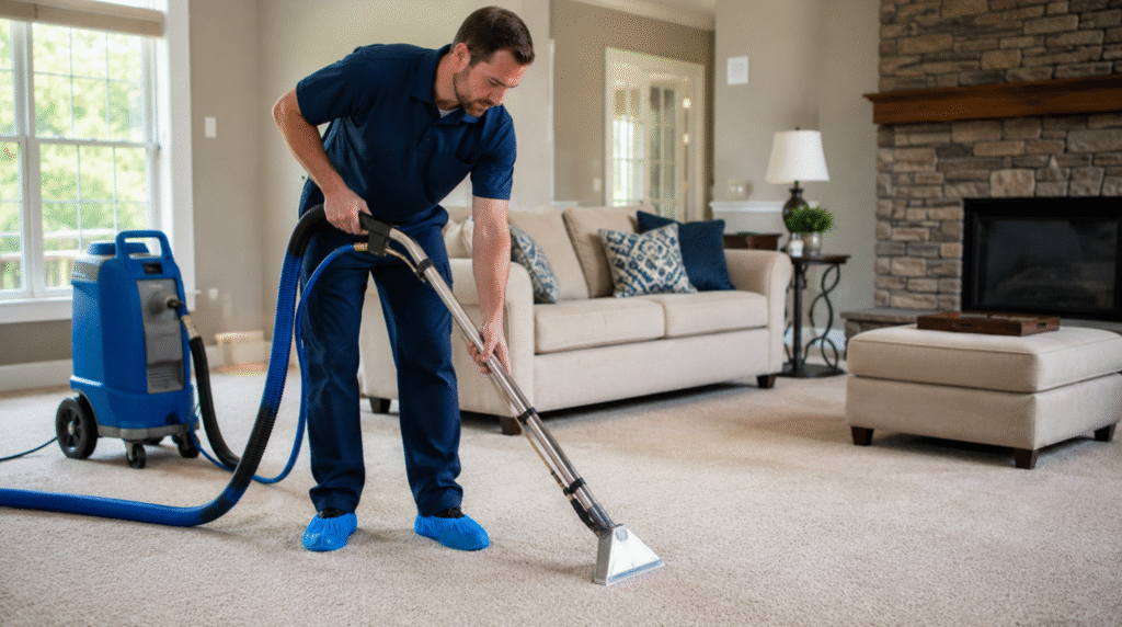 Carpet cleaner applying pet urine treatment Lake Ridge VA using extraction wand and blue shoe covers.