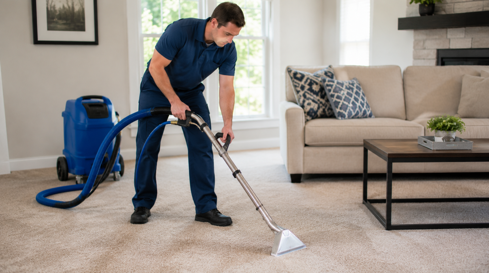 Professional technician performing pet urine treatment Lake Ridge VA carpet cleaning in a living room.
