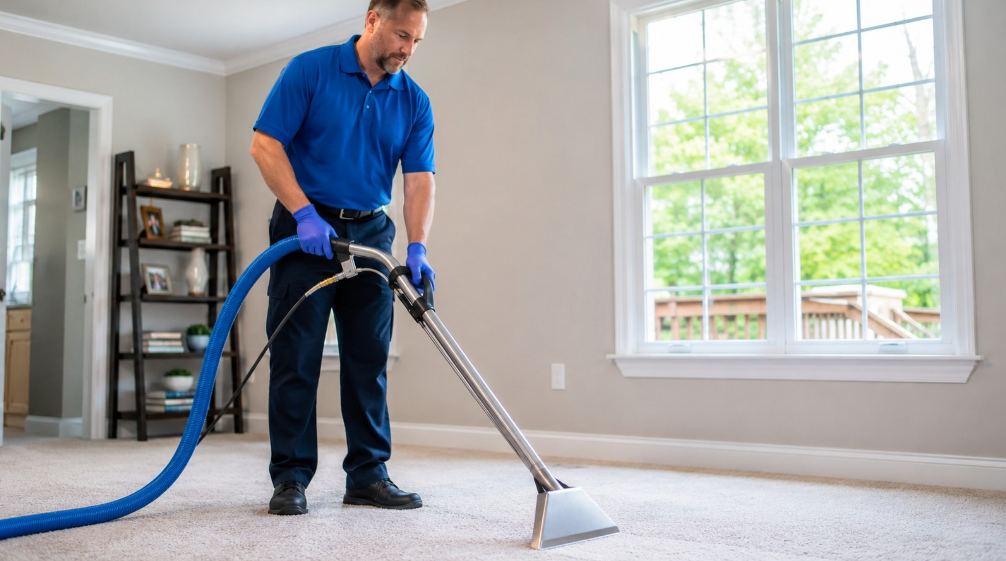 Spotless floor care specialist performing expert pet urine treatment Springfield VA in a living room.