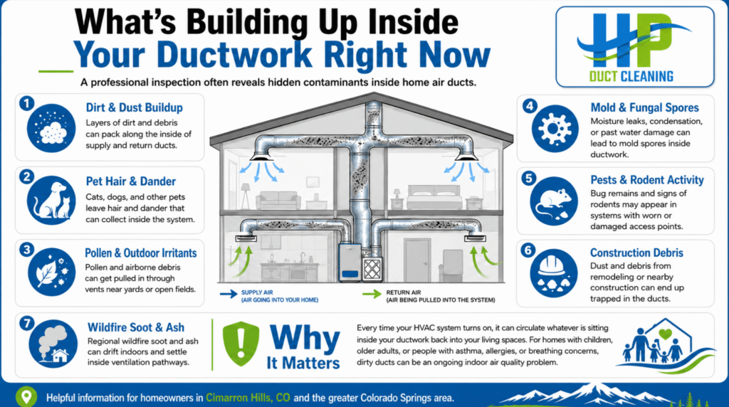 An infographic by HP Duct Cleaning explaining what builds up inside home air ducts, highlighting the importance of residential air duct cleaning in Cimarron Hills, CO.