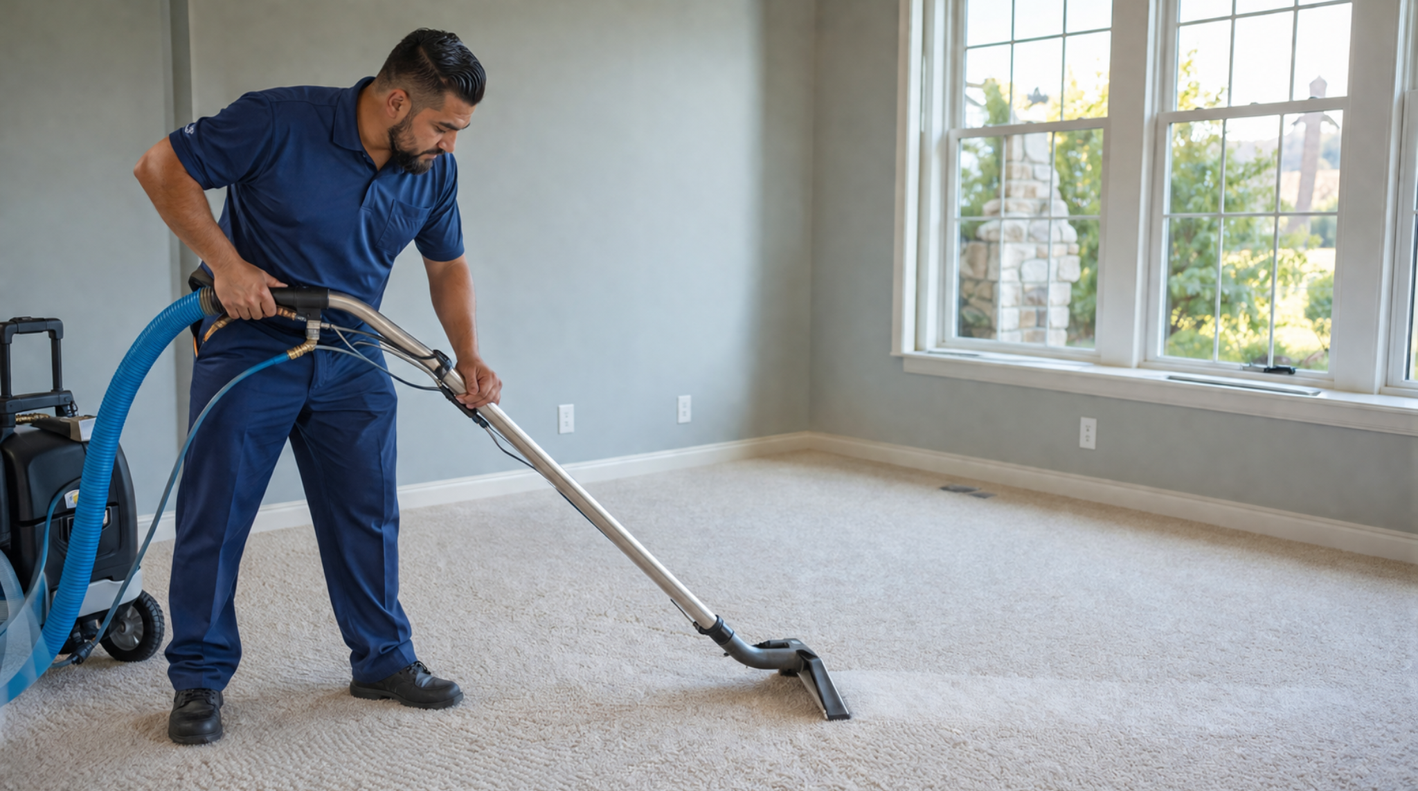 Professional technician performing residential carpet cleaning Lake Ridge VA using steam extraction equipment in a bright living room.