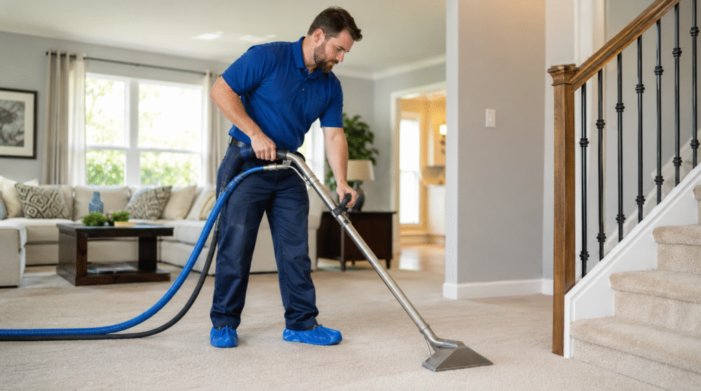 Professional technician providing residential carpet cleaning Springfield VA in a bright living room near a carpeted staircase.