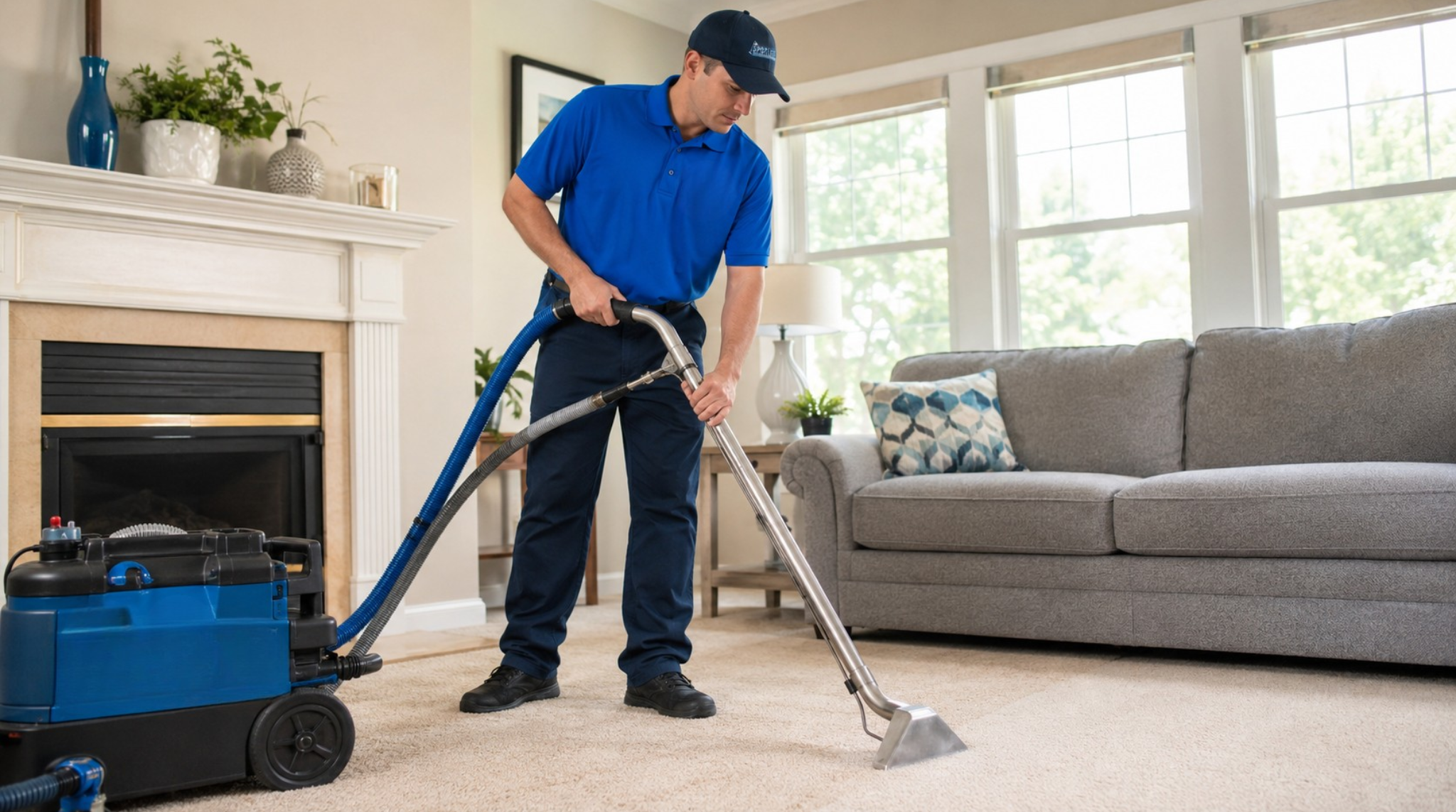 Professional residential carpet cleaning Springfield VA being performed by a technician using advanced extraction equipment next to a fireplace.