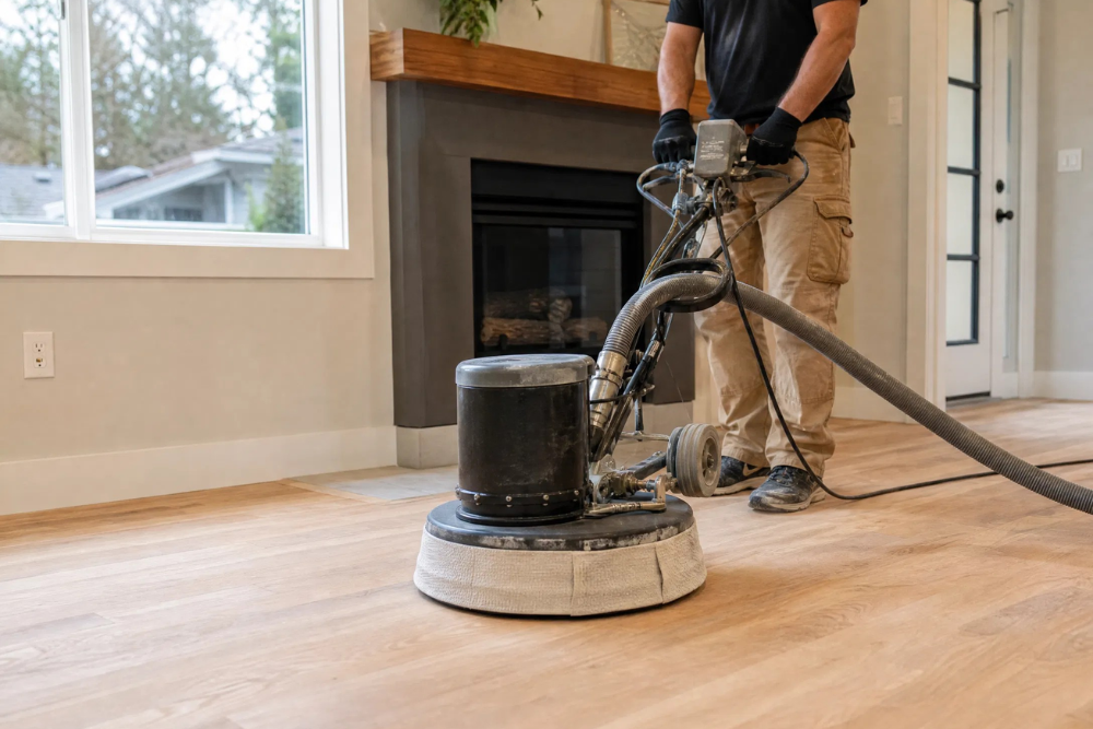 Professional technician performing a hardwood floor screen and recoat Tacoma WA using a floor buffer.