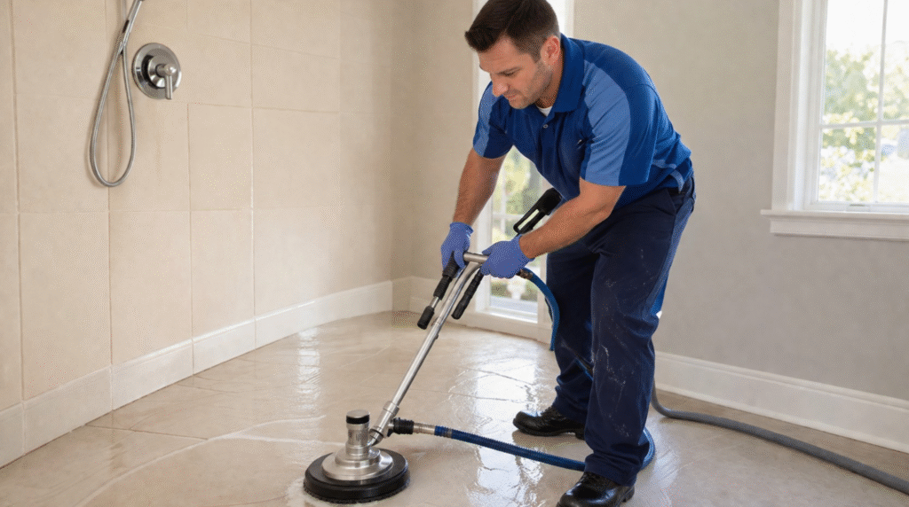 Professional performing tile & grout cleaning Lake Ridge VA on a bathroom floor.