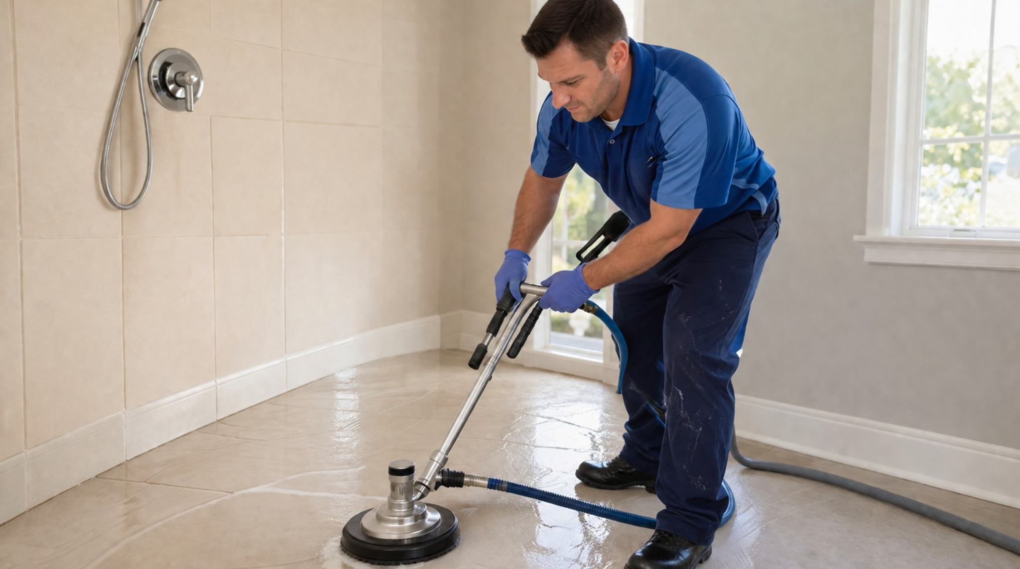 Professional performing tile & grout cleaning Lake Ridge VA on a bathroom floor.