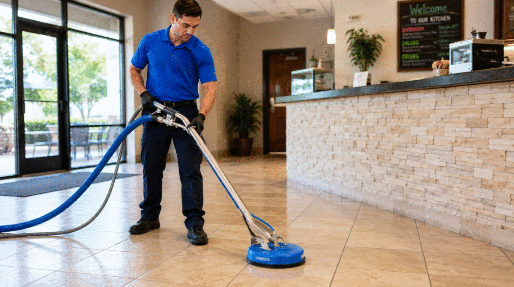 Commercial tile & grout cleaning Springfield VA being performed by a professional technician in a restaurant lobby.